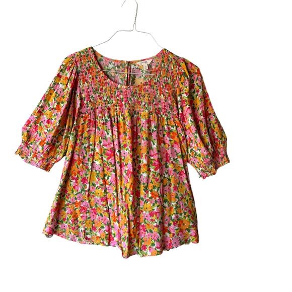 Terra & Sky Tops - Terra & Sky Blouse Top Women's OX(14W) Multicolor Floral Smocked Balloon Sleeves